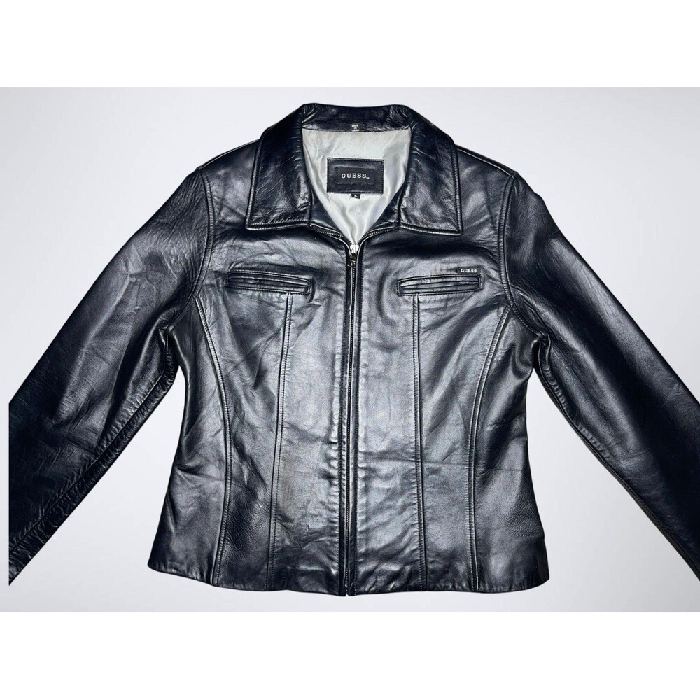 Vtg Y2K Guess Leather Bomber Jacket Womens LG Black Full Zip Biker 90s Grunge - Picture 2 of 12